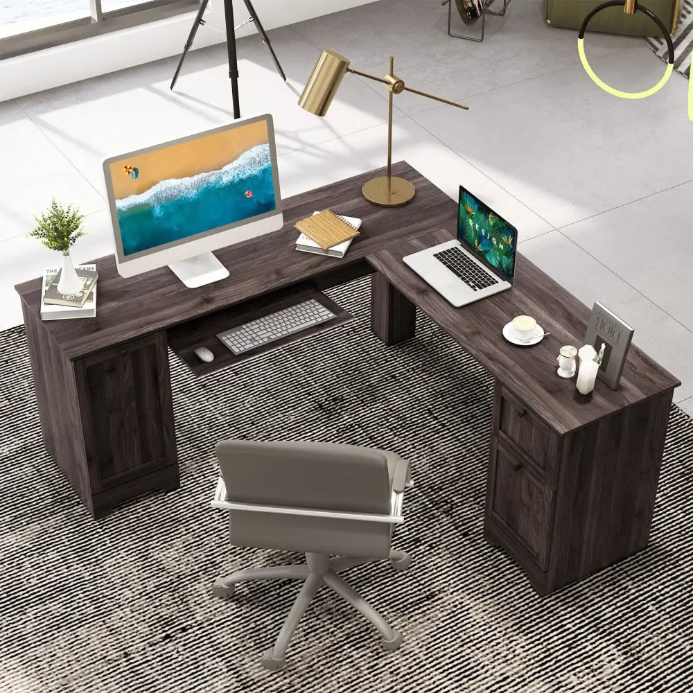 L-Shaped Office Desk with Storage Drawers and Keyboard Tray-Dark Brown - Dark Brown - L-Shaped Desks
