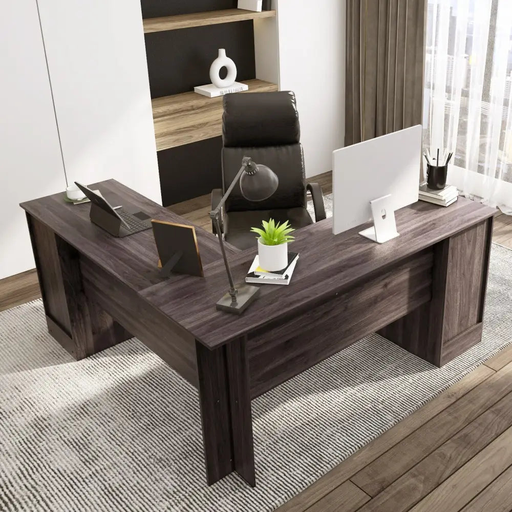 L-Shaped Office Desk with Storage Drawers and Keyboard Tray-Dark Brown - Dark Brown - L-Shaped Desks