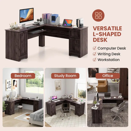 L-Shaped Office Desk with Storage Drawers and Keyboard Tray-Dark Brown - Dark Brown - L-Shaped Desks