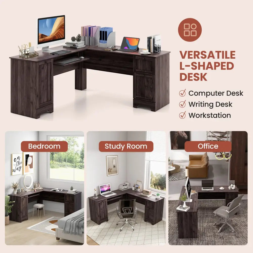 L-Shaped Office Desk with Storage Drawers and Keyboard Tray-Dark Brown - Dark Brown - L-Shaped Desks