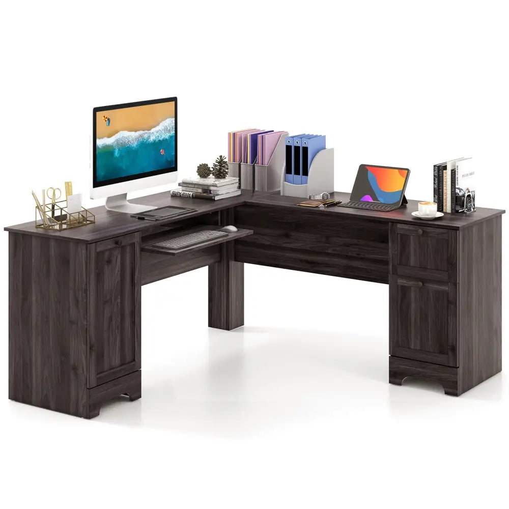 L-Shaped Office Desk with Storage Drawers and Keyboard Tray-Dark Brown - Dark Brown - L-Shaped Desks