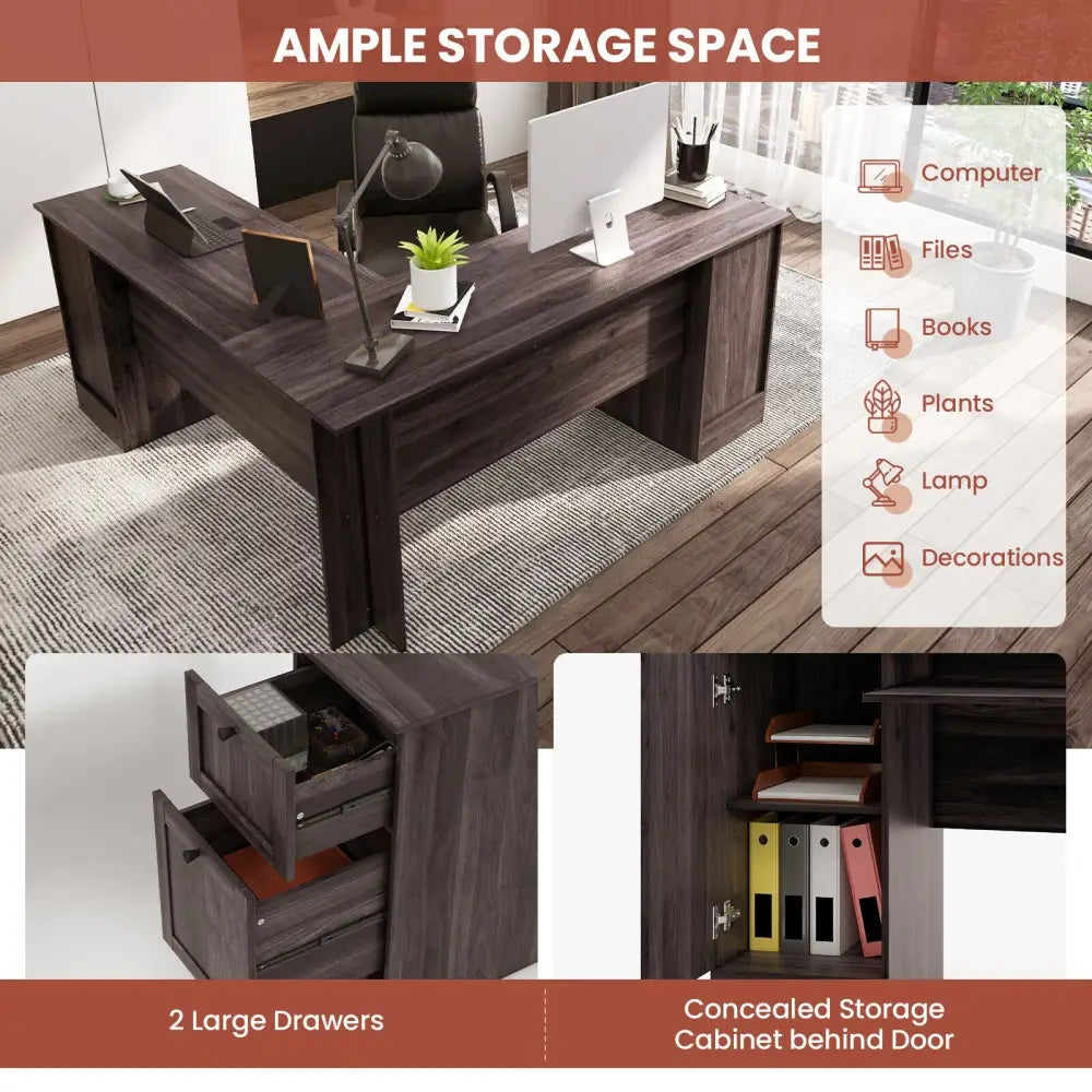 L-Shaped Office Desk with Storage Drawers and Keyboard Tray-Dark Brown - Dark Brown - L-Shaped Desks