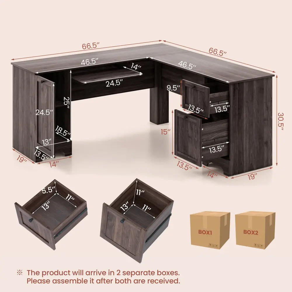 L-Shaped Office Desk with Storage Drawers and Keyboard Tray-Dark Brown - Dark Brown - L-Shaped Desks