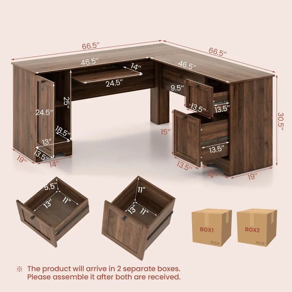 L-Shaped Office Desk with Storage Drawers and Keyboard Tray-Walnut - Walnut - L-Shaped Desks