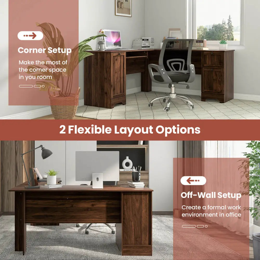 L-Shaped Office Desk with Storage Drawers and Keyboard Tray-Walnut - Walnut - L-Shaped Desks