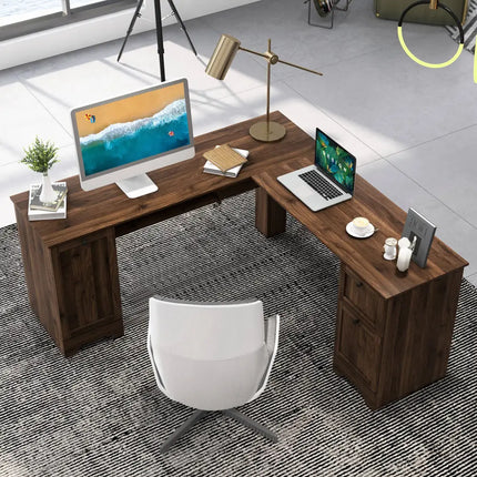 L-Shaped Office Desk with Storage Drawers and Keyboard Tray-Walnut - Walnut - L-Shaped Desks
