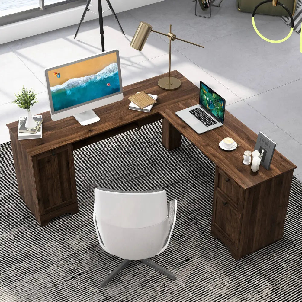 L-Shaped Office Desk with Storage Drawers and Keyboard Tray-Walnut - Walnut - L-Shaped Desks