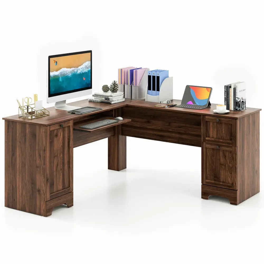 L-Shaped Office Desk with Storage Drawers and Keyboard Tray-Walnut - Walnut - L-Shaped Desks