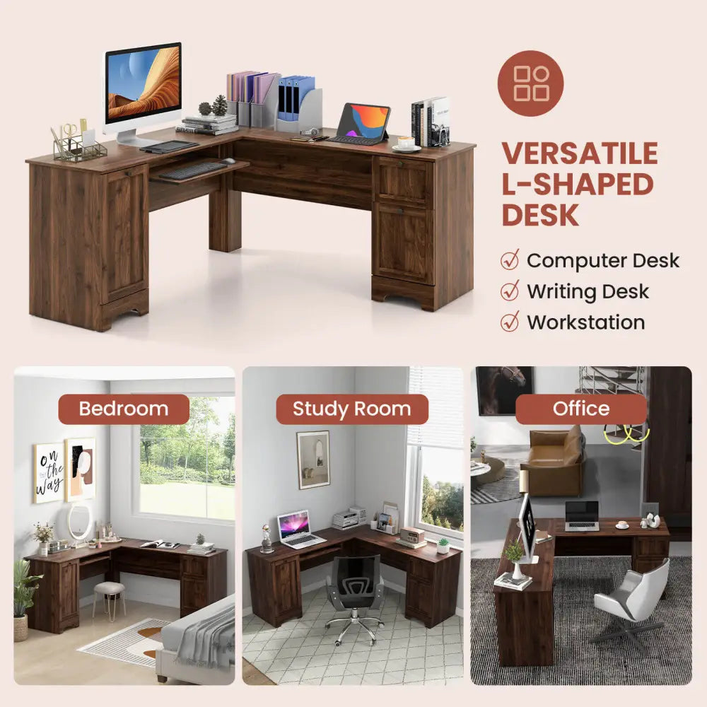 L-Shaped Office Desk with Storage Drawers and Keyboard Tray-Walnut - Walnut - L-Shaped Desks