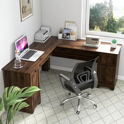 L-Shaped Office Desk with Storage Drawers and Keyboard Tray-Walnut - Walnut - L-Shaped Desks