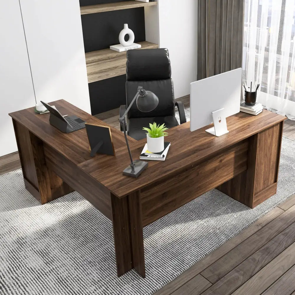 L-Shaped Office Desk with Storage Drawers and Keyboard Tray-Walnut - Walnut - L-Shaped Desks