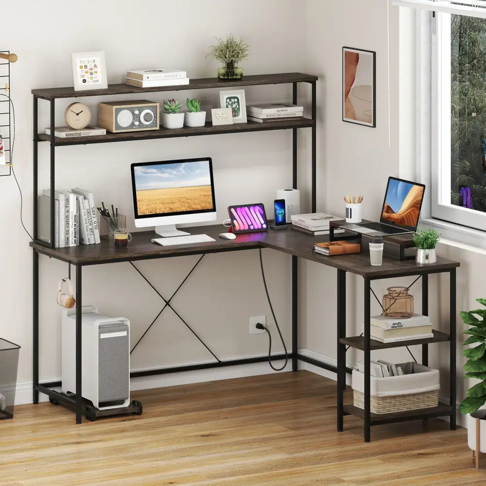 L-Shaped Reversible Gaming Desk with LED Strip and Power Outlets Hutch Monitor Stand-Gray - Gray - L-Shaped Desks