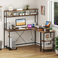 L-Shaped Reversible Gaming Desk with LED Strip and Power Outlets Hutch Monitor Stand-Rustic Brown - Rustic Brown