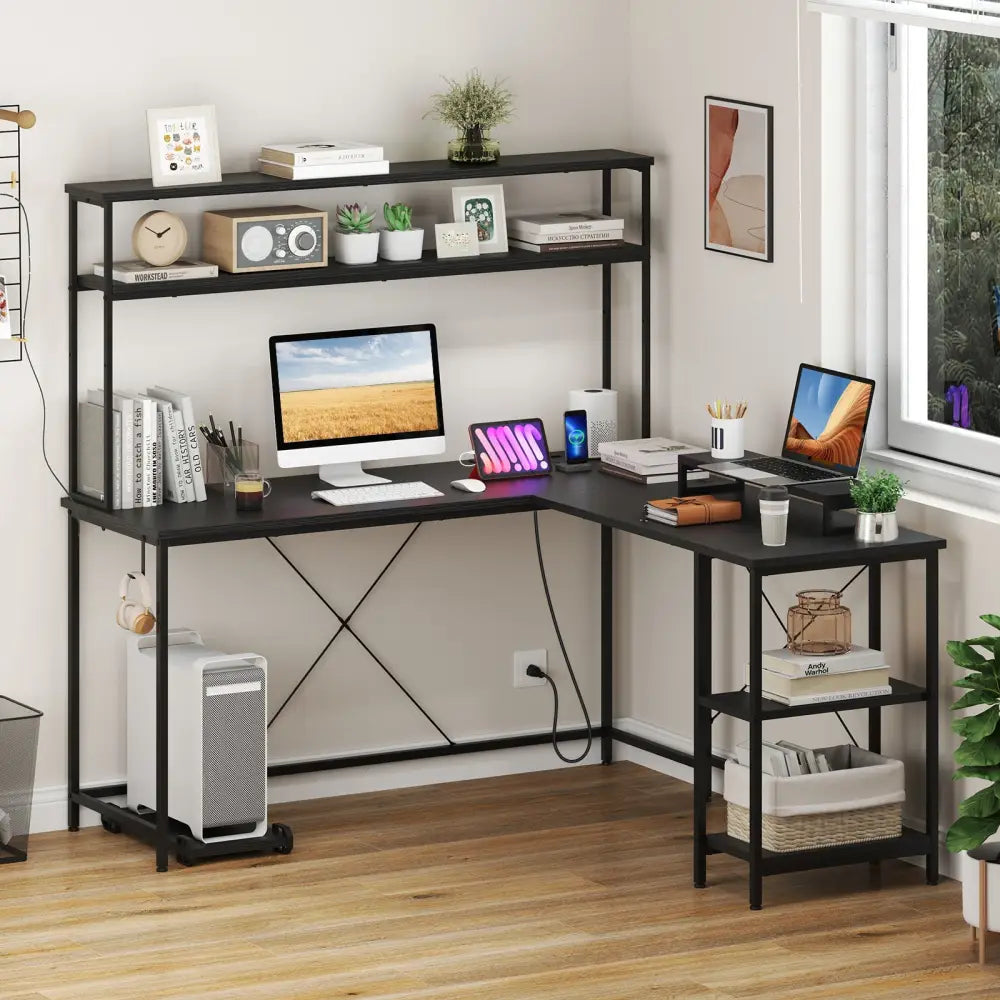 L-Shaped Reversible Gaming Desk with LED Strip and Power Outlets Hutch Monitor Stand-Black - Black - L-Shaped Desks