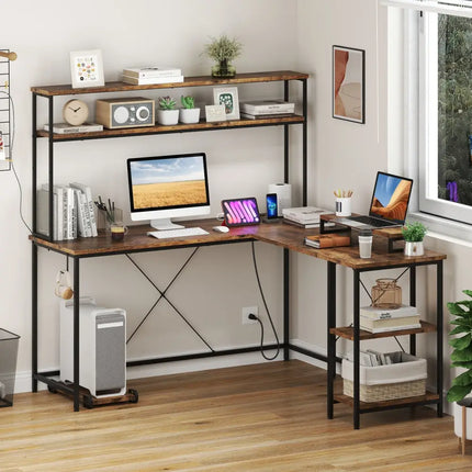 L-Shaped Reversible Gaming Desk with LED Strip and Power Outlets Hutch Monitor Stand-Rustic Brown - Rustic Brown