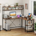 L-Shaped Reversible Gaming Desk with LED Strip and Power Outlets Hutch Monitor Stand-Rustic Brown - Rustic Brown