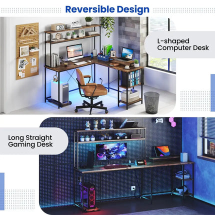 L-Shaped Reversible Gaming Desk with LED Strip and Power Outlets Hutch Monitor Stand-Rustic Brown - Rustic Brown