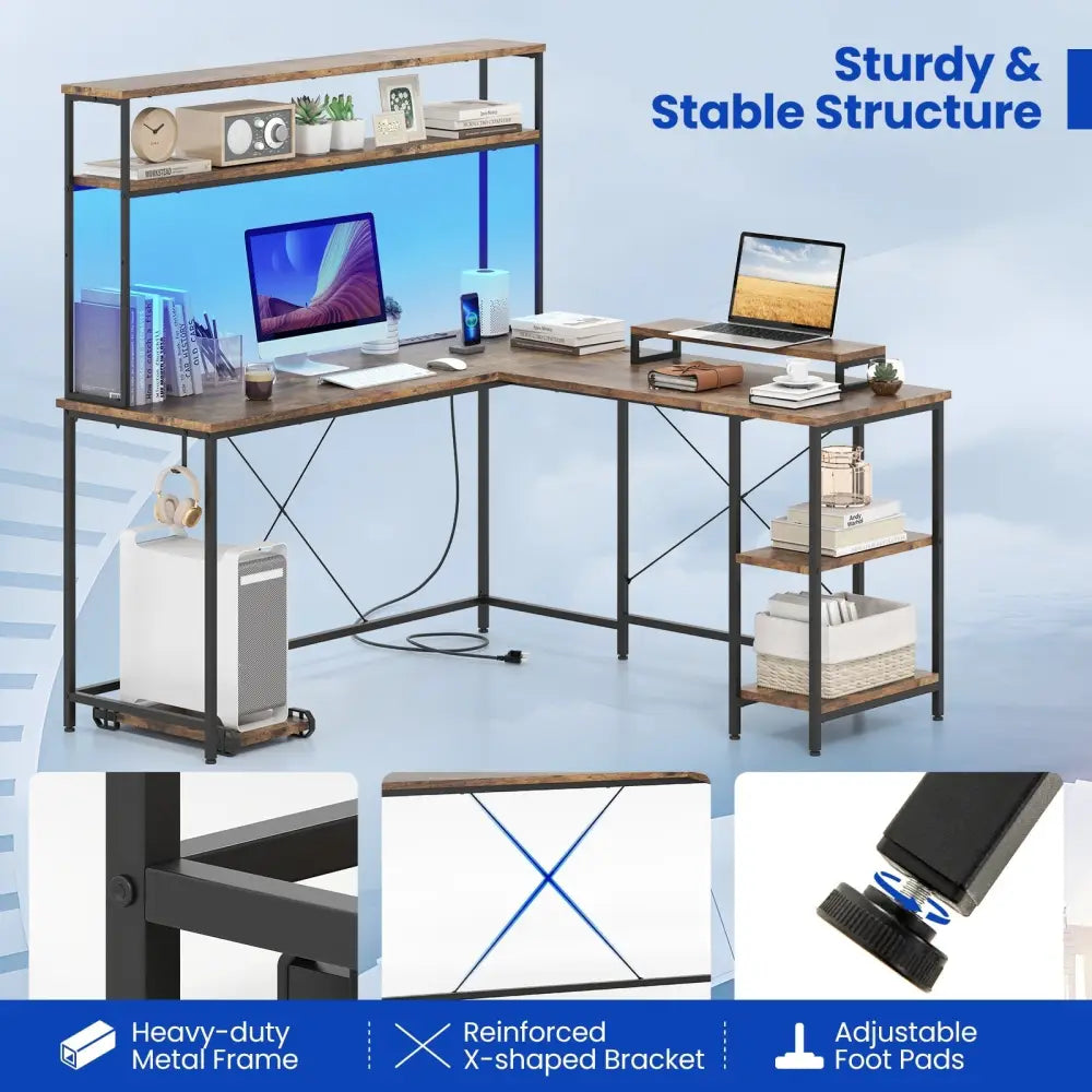 L-Shaped Reversible Gaming Desk with LED Strip and Power Outlets Hutch Monitor Stand-Rustic Brown - Rustic Brown