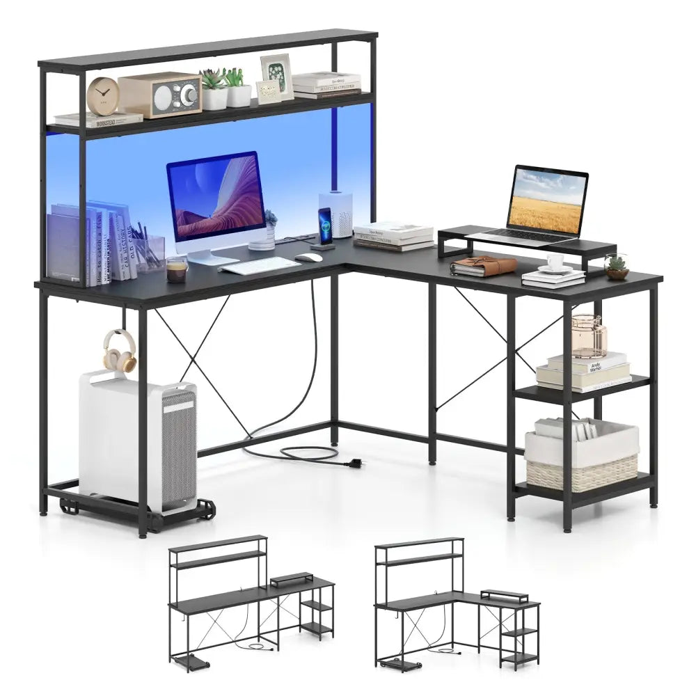 L-Shaped Reversible Gaming Desk with LED Strip and Power Outlets Hutch Monitor Stand-Black - Black - L-Shaped Desks