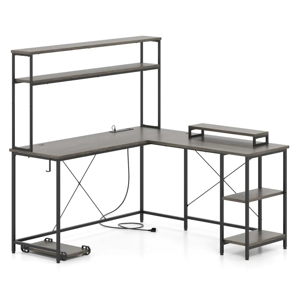 L-Shaped Reversible Gaming Desk with LED Strip and Power Outlets Hutch Monitor Stand-Gray - Gray - L-Shaped Desks