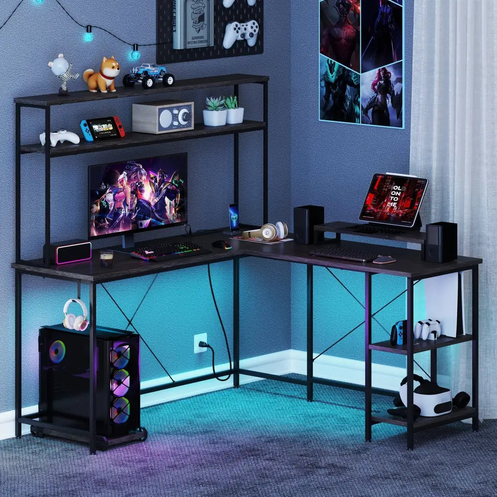 L-Shaped Reversible Gaming Desk with LED Strip and Power Outlets Hutch Monitor Stand-Gray - Gray - L-Shaped Desks