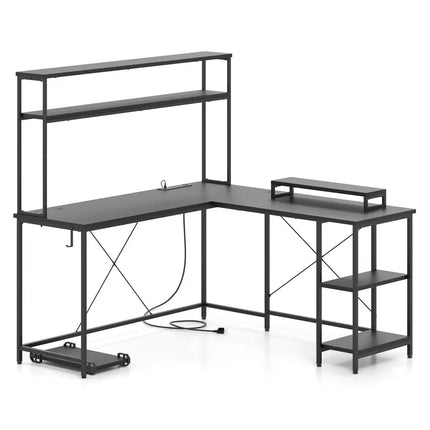 L-Shaped Reversible Gaming Desk with LED Strip and Power Outlets Hutch Monitor Stand-Black - Black - L-Shaped Desks