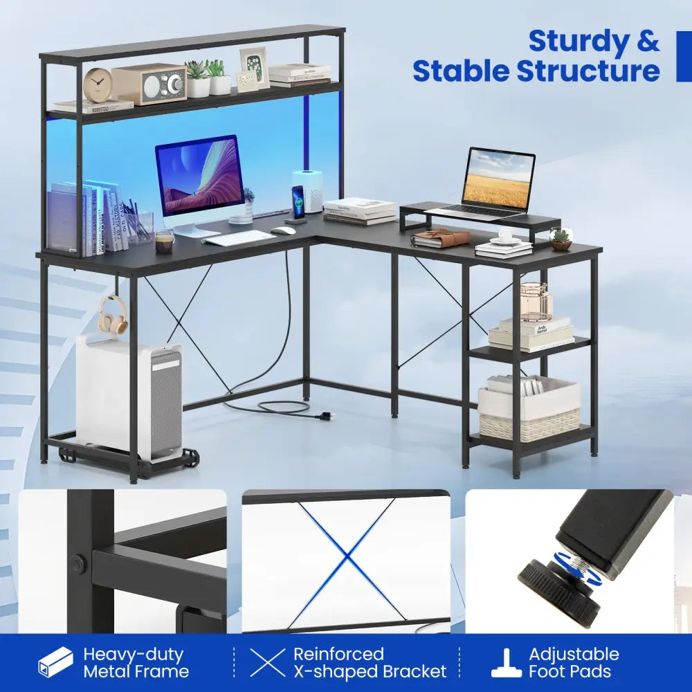 L-Shaped Reversible Gaming Desk with LED Strip and Power Outlets Hutch Monitor Stand-Black - Black - L-Shaped Desks