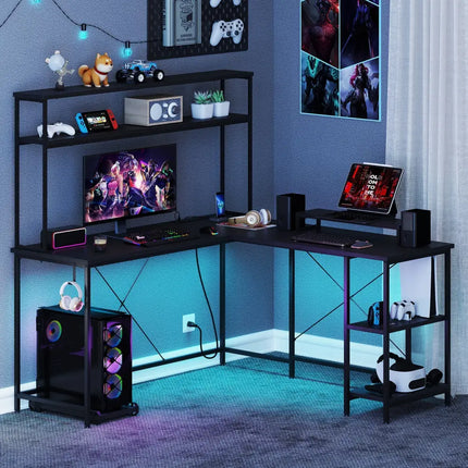 L-Shaped Reversible Gaming Desk with LED Strip and Power Outlets Hutch Monitor Stand-Black - Black - L-Shaped Desks