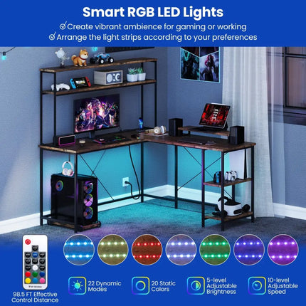 L-Shaped Reversible Gaming Desk with LED Strip and Power Outlets Hutch Monitor Stand-Rustic Brown - Rustic Brown