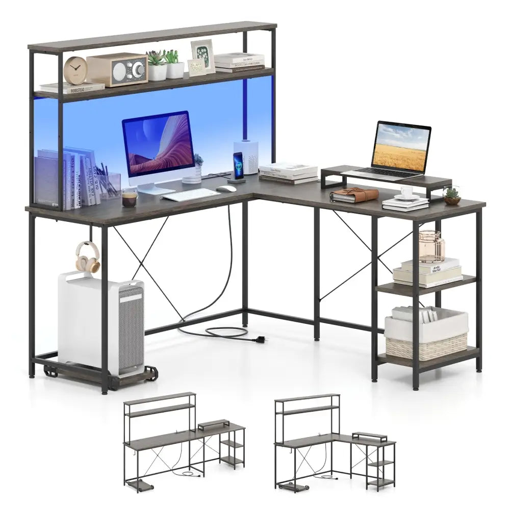 L-Shaped Reversible Gaming Desk with LED Strip and Power Outlets Hutch Monitor Stand-Gray - Gray - L-Shaped Desks