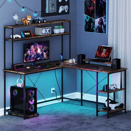 L-Shaped Reversible Gaming Desk with LED Strip and Power Outlets Hutch Monitor Stand-Rustic Brown - Rustic Brown