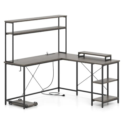 L-Shaped Reversible Gaming Desk with LED Strip and Power Outlets Hutch Monitor Stand-Gray - Gray - L-Shaped Desks