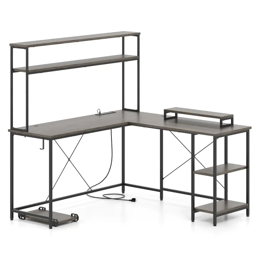 L-Shaped Reversible Gaming Desk with LED Strip and Power Outlets Hutch Monitor Stand-Gray - Gray - L-Shaped Desks