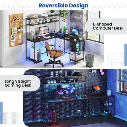 L-Shaped Reversible Gaming Desk with LED Strip and Power Outlets Hutch Monitor Stand-Black - Black - L-Shaped Desks