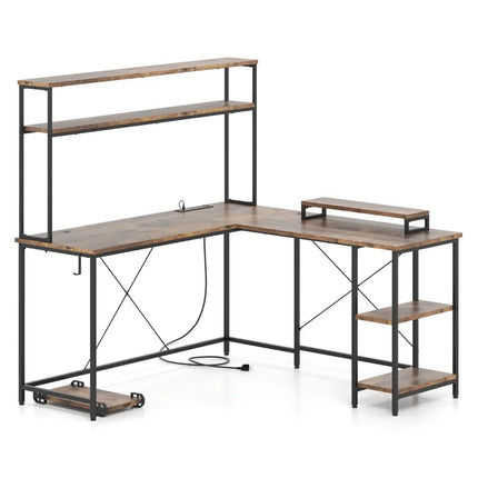 L-Shaped Reversible Gaming Desk with LED Strip and Power Outlets Hutch Monitor Stand-Rustic Brown - Rustic Brown
