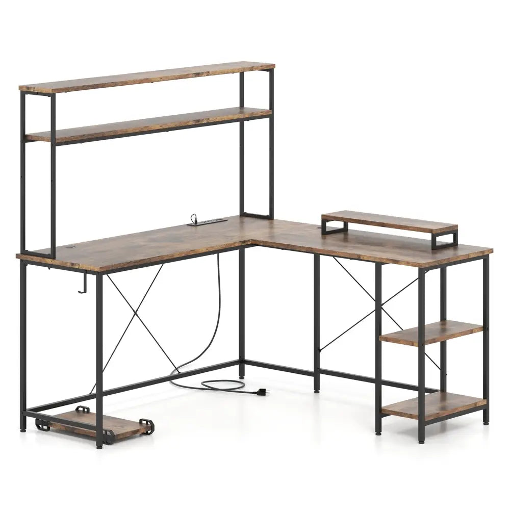 L-Shaped Reversible Gaming Desk with LED Strip and Power Outlets Hutch Monitor Stand-Rustic Brown - Rustic Brown