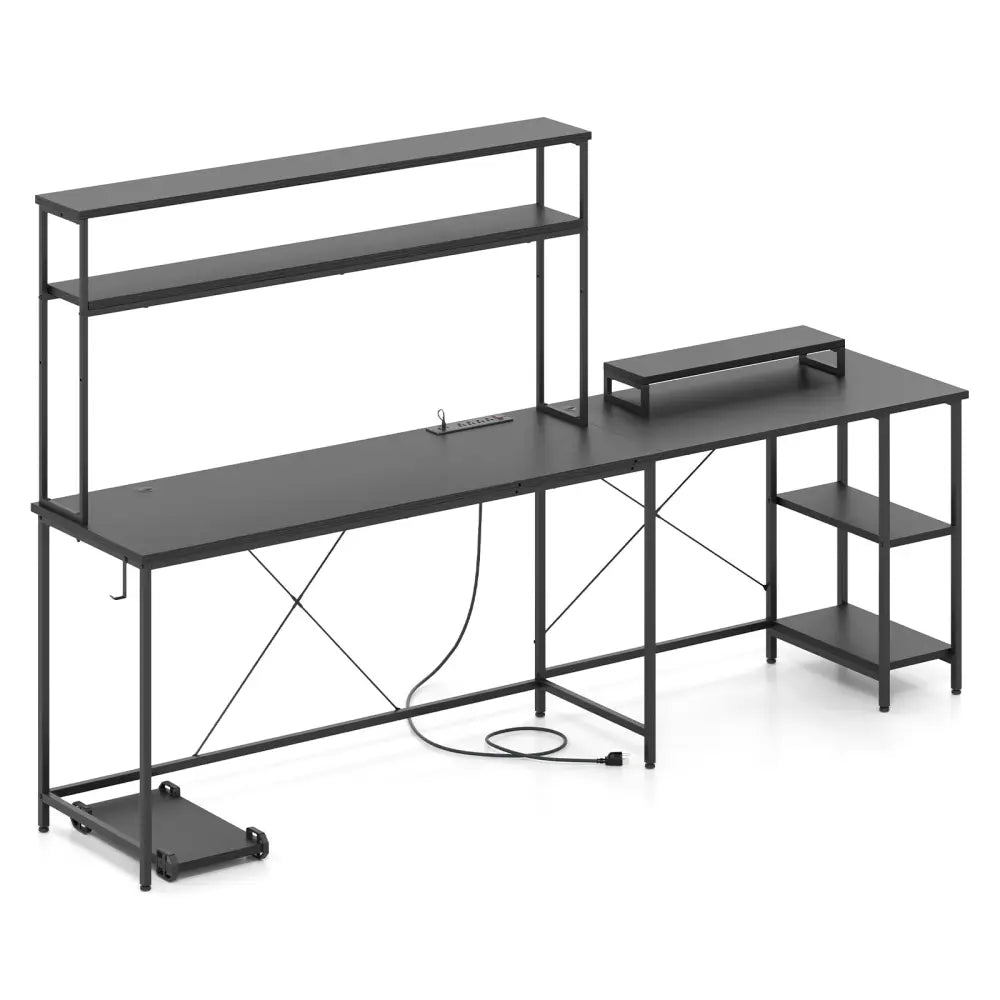 L-Shaped Reversible Gaming Desk with LED Strip and Power Outlets Hutch Monitor Stand-Black - Black - L-Shaped Desks