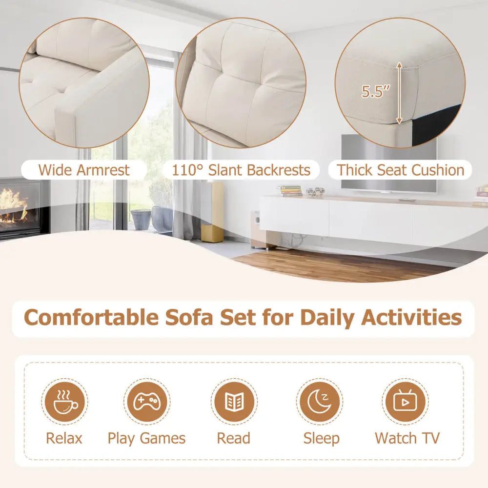 L-shaped Sectional Corner Sofa Set with Storage Ottoman-Beige - Beige - Sofas & Loveseats
