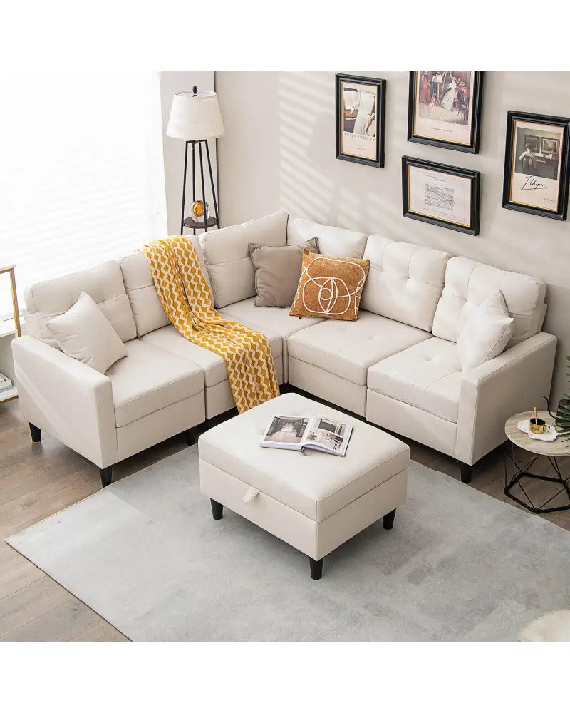 L-shaped Sectional Corner Sofa Set with Storage Ottoman-Beige - Beige - Sofas & Loveseats