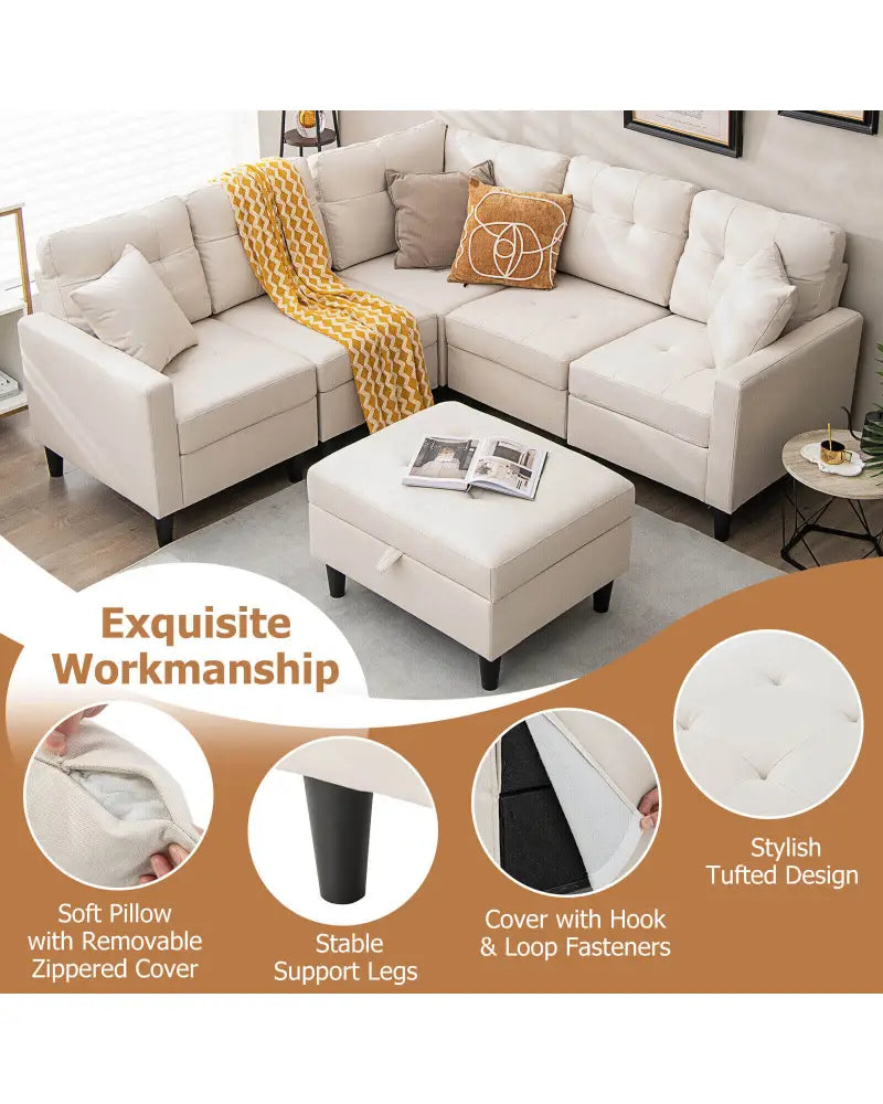 L-shaped Sectional Corner Sofa Set with Storage Ottoman-Beige - Beige - Sofas & Loveseats