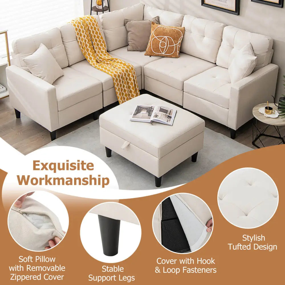 L-shaped Sectional Corner Sofa Set with Storage Ottoman-Beige - Beige - Sofas & Loveseats