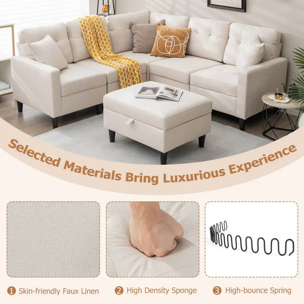 L-shaped Sectional Corner Sofa Set with Storage Ottoman-Beige - Beige - Sofas & Loveseats