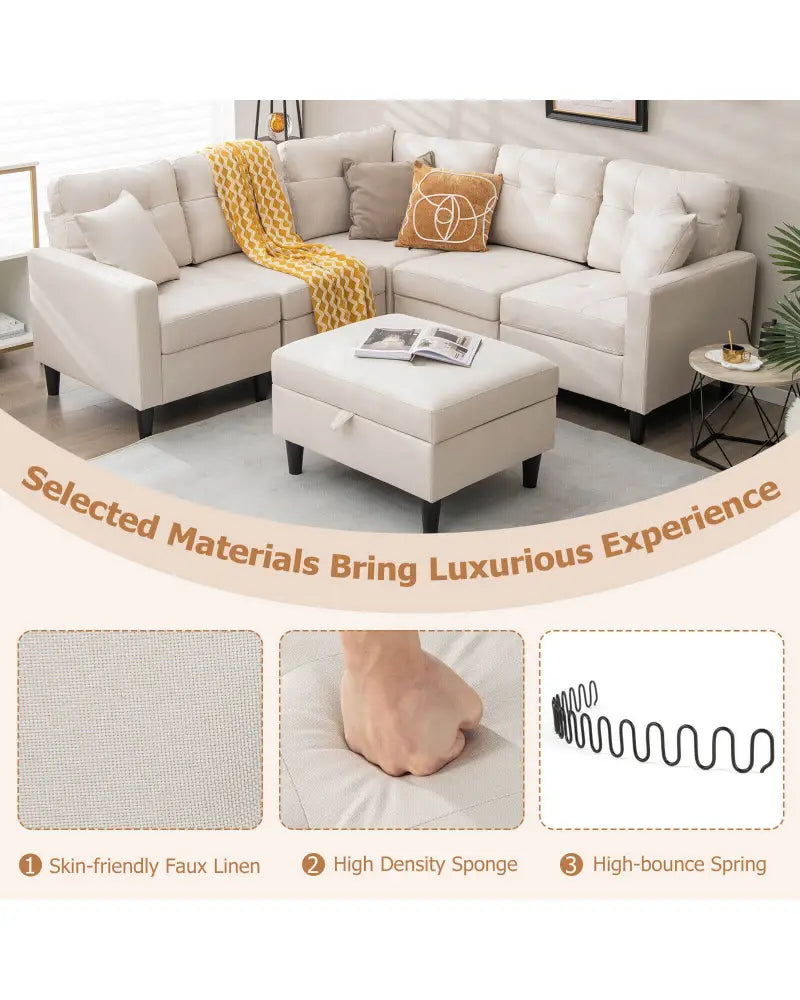 L-shaped Sectional Corner Sofa Set with Storage Ottoman-Beige - Beige - Sofas & Loveseats