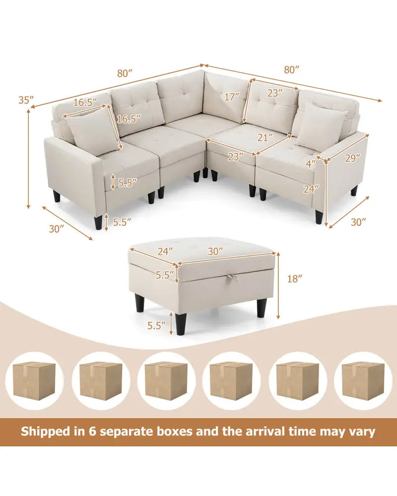 L-shaped Sectional Corner Sofa Set with Storage Ottoman-Beige - Beige - Sofas & Loveseats