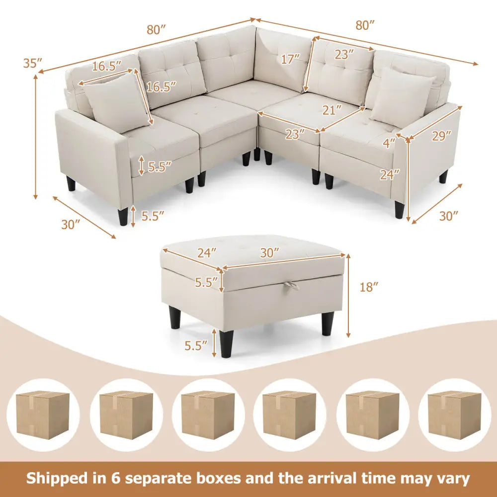 L-shaped Sectional Corner Sofa Set with Storage Ottoman-Beige - Beige - Sofas & Loveseats