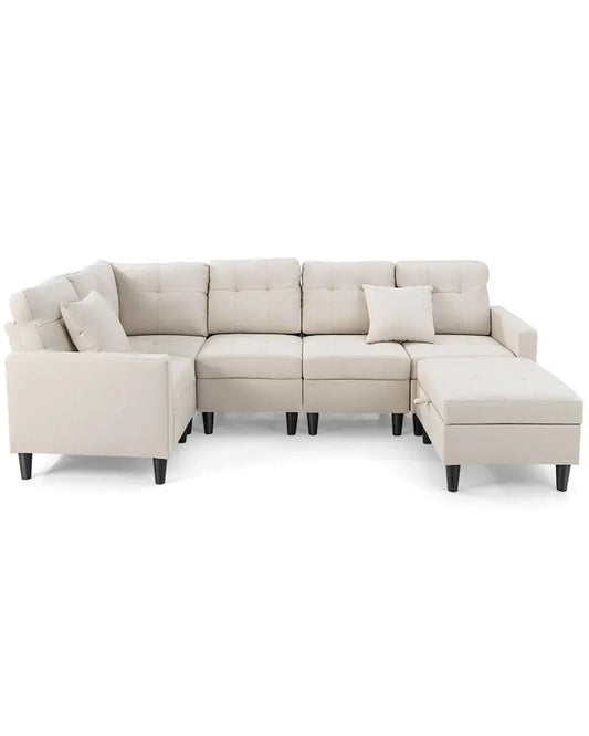 L-shaped Sectional Corner Sofa Set with Storage Ottoman-Beige - Beige - Sofas & Loveseats