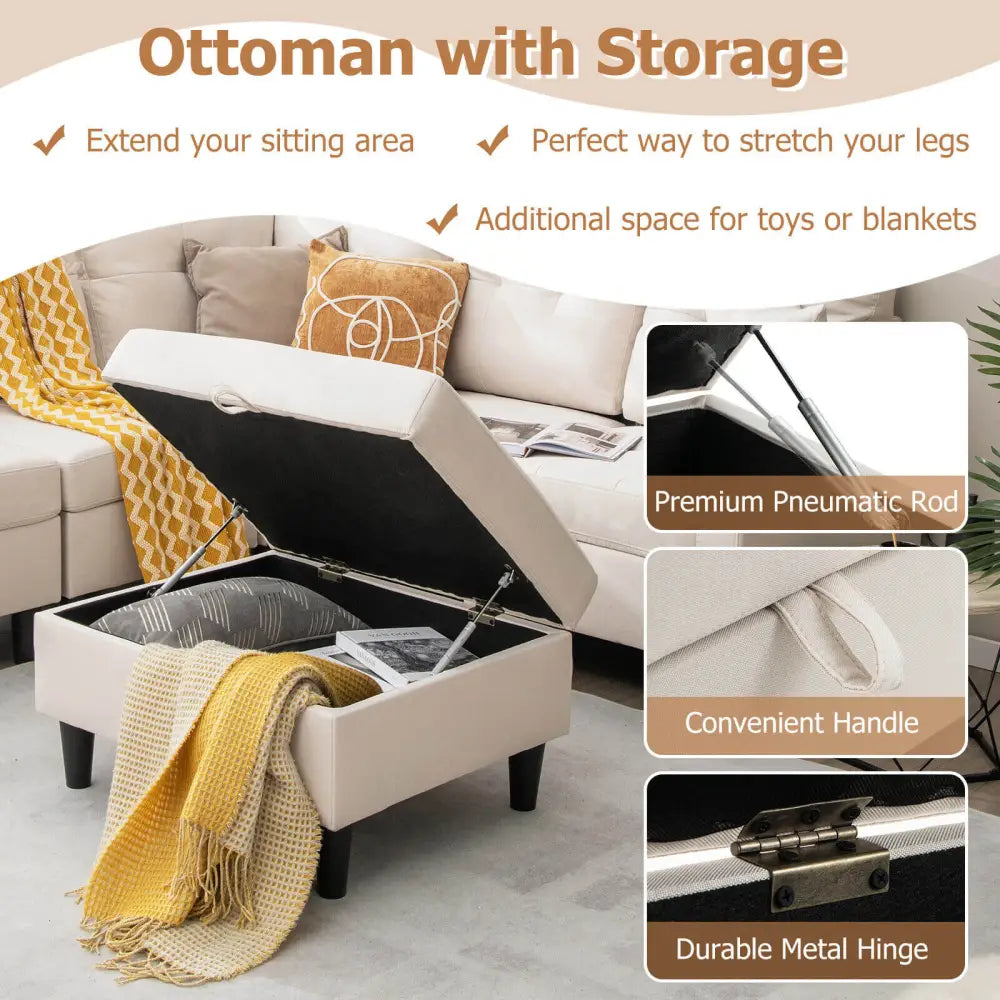 L-shaped Sectional Corner Sofa Set with Storage Ottoman-Beige - Beige - Sofas & Loveseats