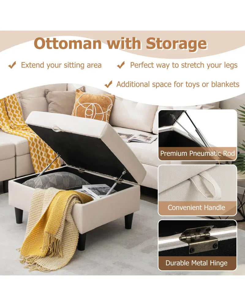 L-shaped Sectional Corner Sofa Set with Storage Ottoman-Beige - Beige - Sofas & Loveseats