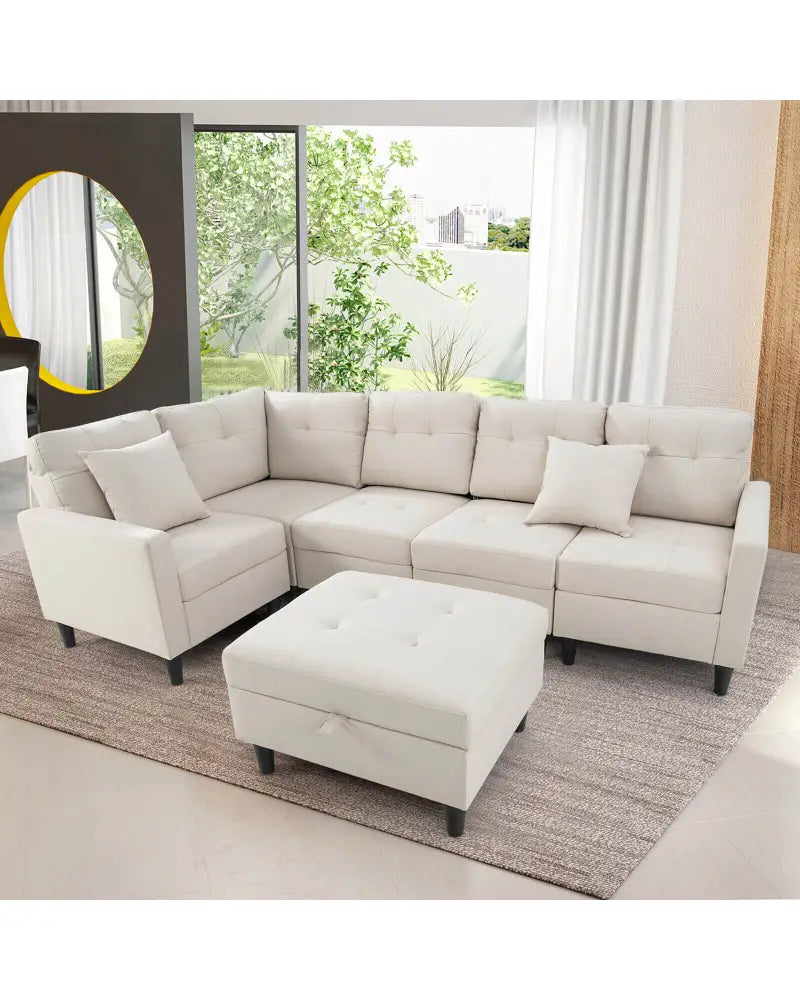 L-shaped Sectional Corner Sofa Set with Storage Ottoman-Beige - Beige - Sofas & Loveseats