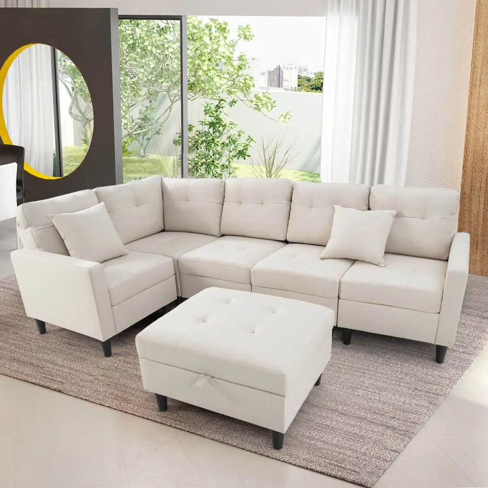 L-shaped Sectional Corner Sofa Set with Storage Ottoman-Beige - Beige - Sofas & Loveseats